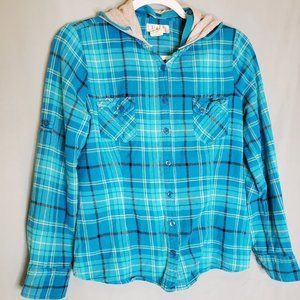 Cozy turquoise plaid button up L 11/13 (TEEN sizing)